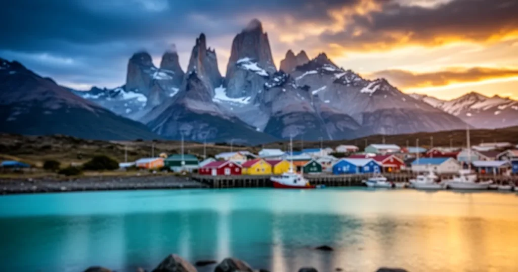 Szczyty Torres del Paine nad turkusowym jeziorem z kolorowymi domami i portem Puerto Natales w tle podczas zachodu słońca.
