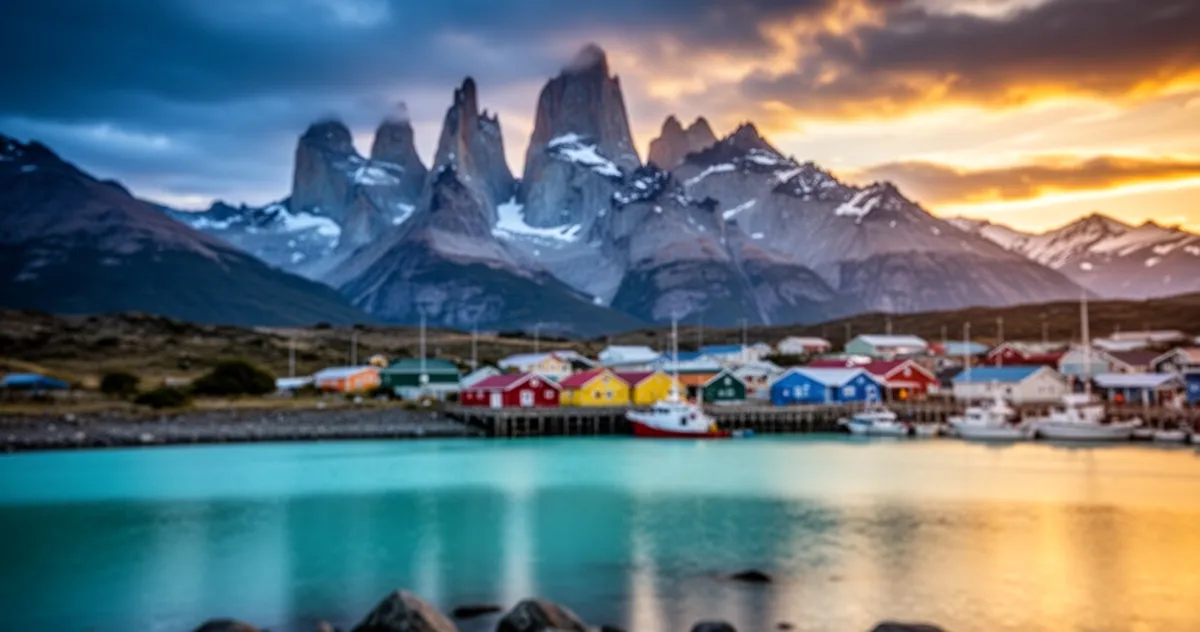 Szczyty Torres del Paine nad turkusowym jeziorem z kolorowymi domami i portem Puerto Natales w tle podczas zachodu słońca.