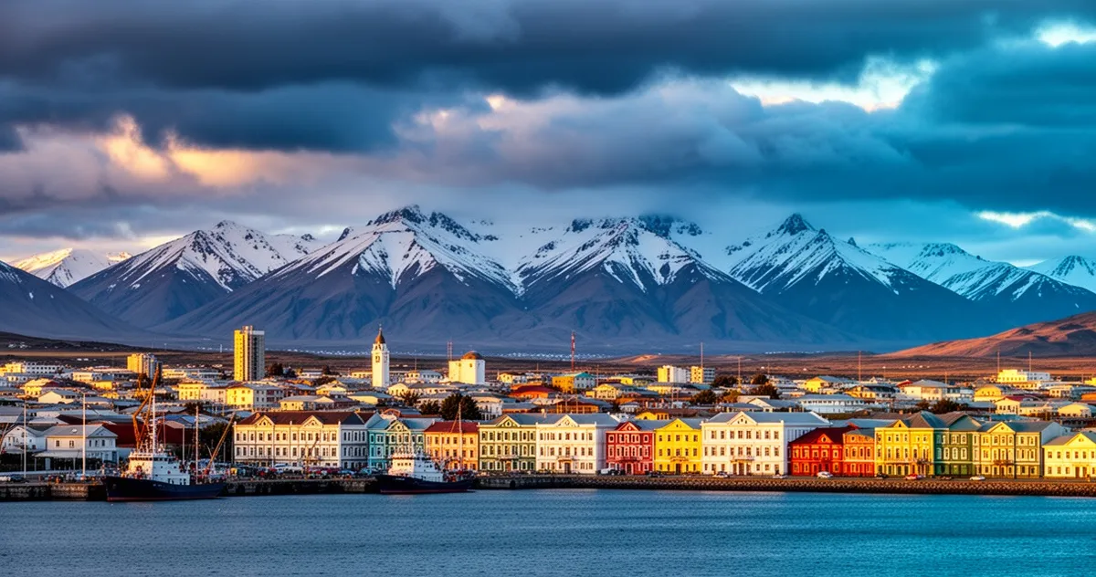 Kolorowe kolonialne budynki i port w Punta Arenas na tle ośnieżonych gór Patagonii w świetle zachodzącego słońca.