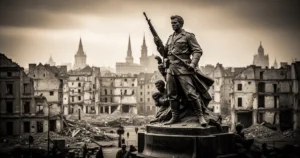 Pomnik Powstania Warszawskiego na tle ruin miasta w stylu archiwalnej fotografii w odcieniach sepii.