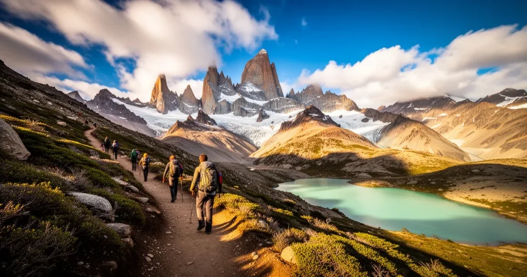 Szlak trekkingowy w kierunku góry Fitz Roy w El Chaltén, oświetlony złotym światłem przy turkusowym jeziorze.