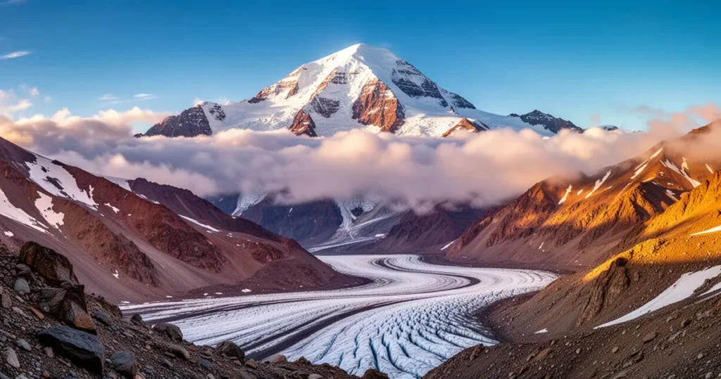 Ośnieżony szczyt Aconcagua w Andach górujący nad chmurami w blasku zachodzącego słońca.