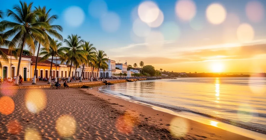 Piaszczysta plaża w Encarnación z palmami i kolonialną zabudową na tle rzeki Parany w blasku zachodzącego słońca.