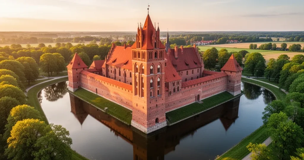 Widok z lotu ptaka na ceglany zamek w Malborku o zachodzie słońca z odbiciem murów i wież w wodach fosy.