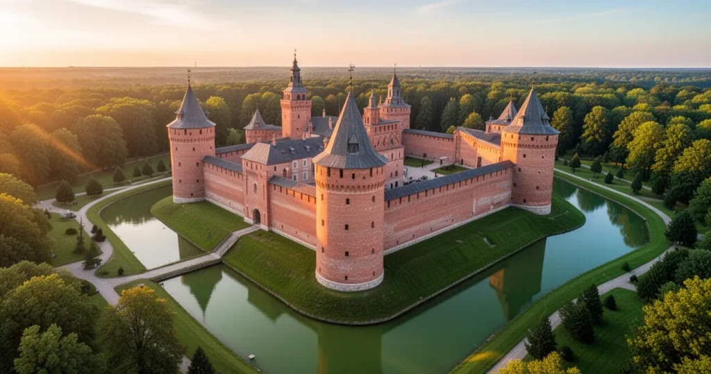 Panoramiczny widok z lotu ptaka na monumentalny zamek z czerwonej cegły z wieżami, otoczony fosą w blasku zachodzącego słońca