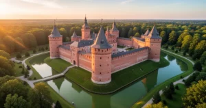 Panoramiczny widok z lotu ptaka na monumentalny zamek z czerwonej cegły z wieżami, otoczony fosą w blasku zachodzącego słońca