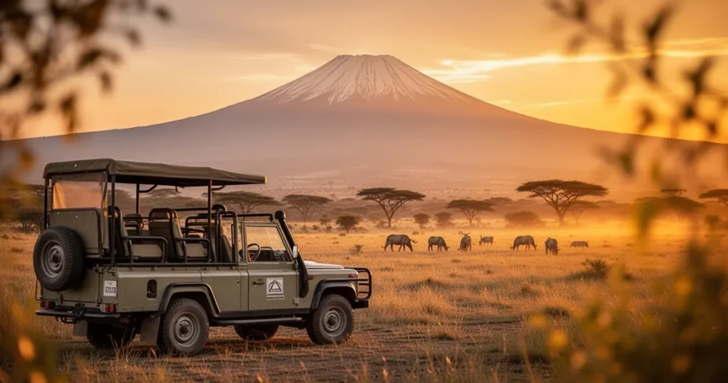 Wschód słońca nad Aruszą z widokiem na górę Meru, zaparkowany jeep safari i dzikie zwierzęta na horyzoncie.