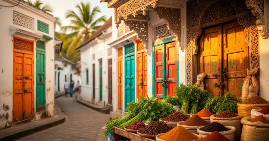Wąska uliczka w Stone Town na Zanzibarze z tradycyjnymi zdobionymi drzwiami i straganem z przyprawami w pełnym słońcu.