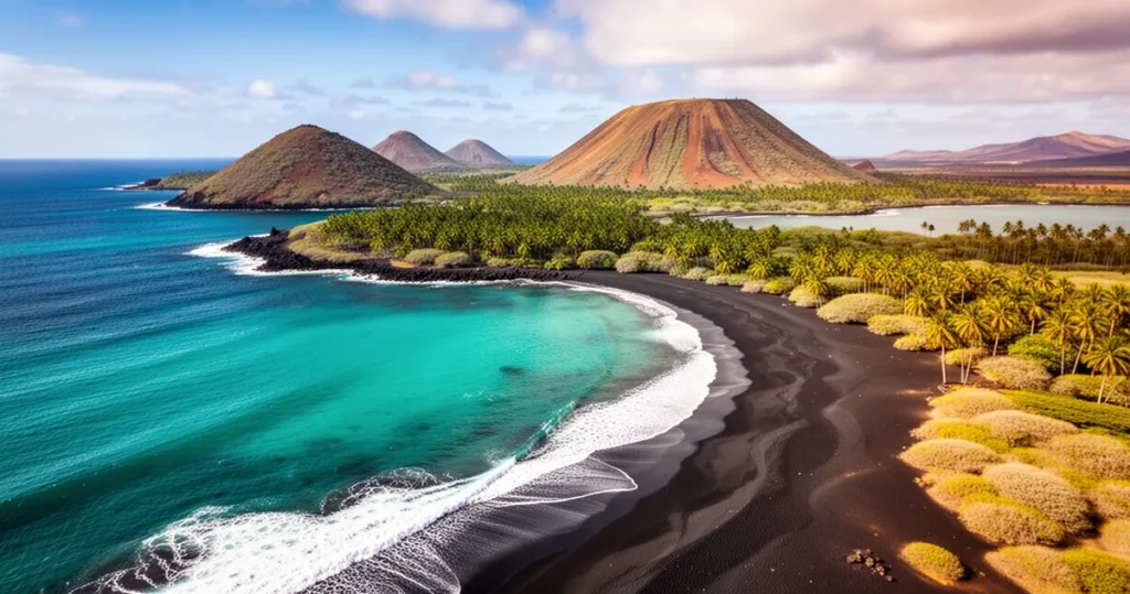 Widok z lotu ptaka na wyspy Galapagos z turkusową wodą, czarnymi wulkanicznymi plażami i bujną roślinnością.