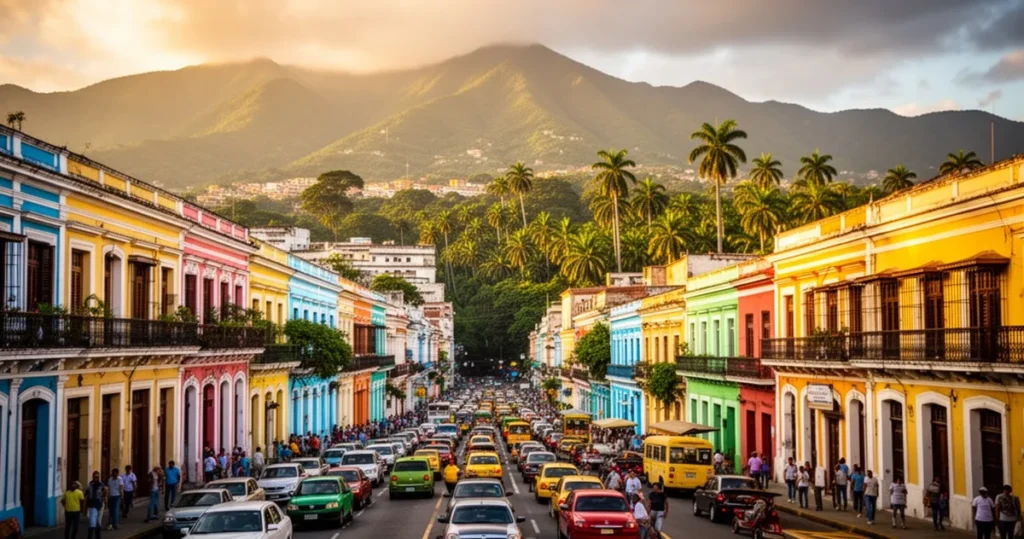 Kolorowa kolonialna architektura w Caracas z tętniącą życiem ulicą, bujną roślinnością i górami w tle o zachodzie słońca.