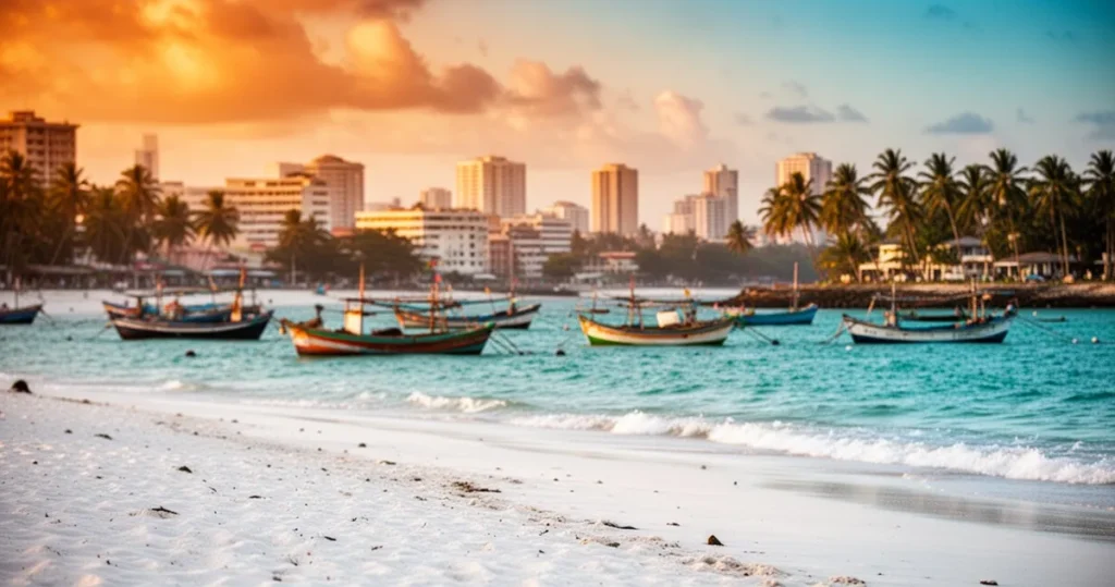 Piaszczysta plaża w Dar es Salaam z turkusową wodą, łodziami rybackimi i sylwetką miasta w świetle zachodzącego słońca.