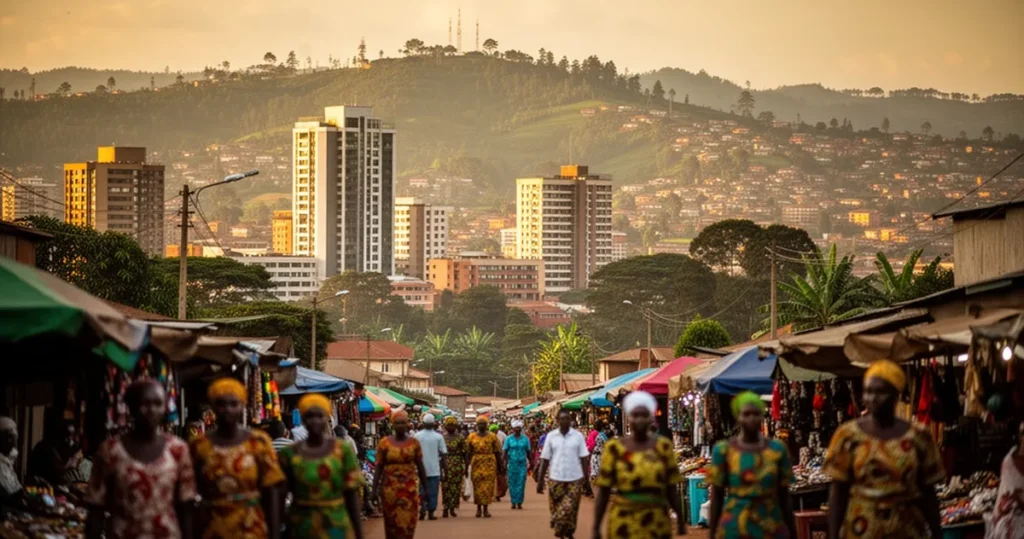Tętniące życiem Kigali ze straganami i ludźmi w tradycyjnych strojach na tle nowoczesnych budynków oraz zielonych wzgórz.