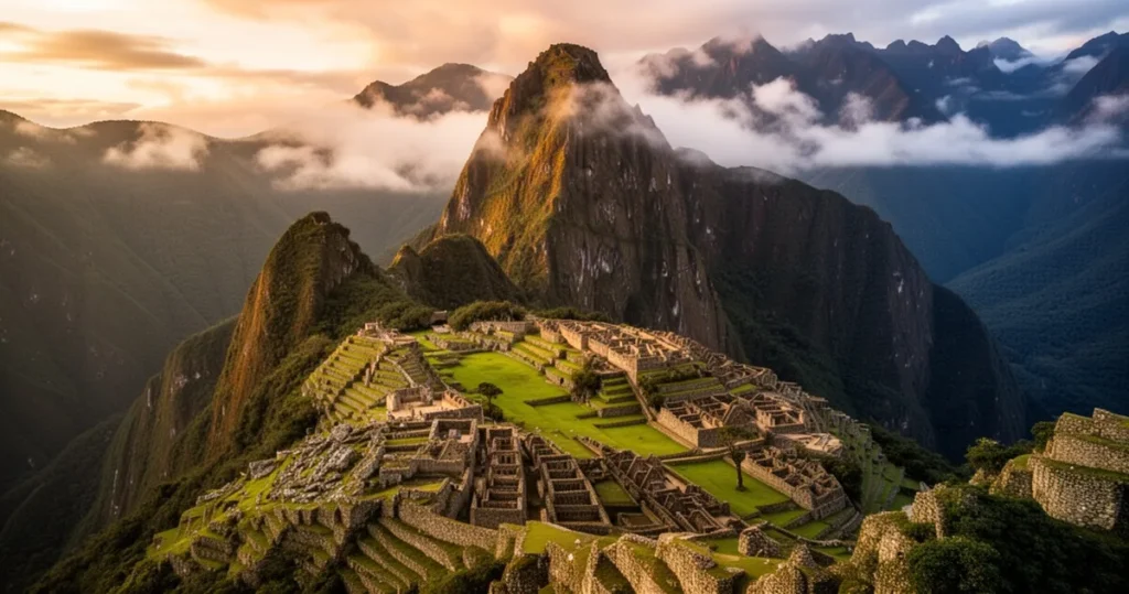 Widok z lotu ptaka na ruiny Machu Picchu otoczone stromymi, górzystymi szczytami i mgłą w świetle złotej godziny.