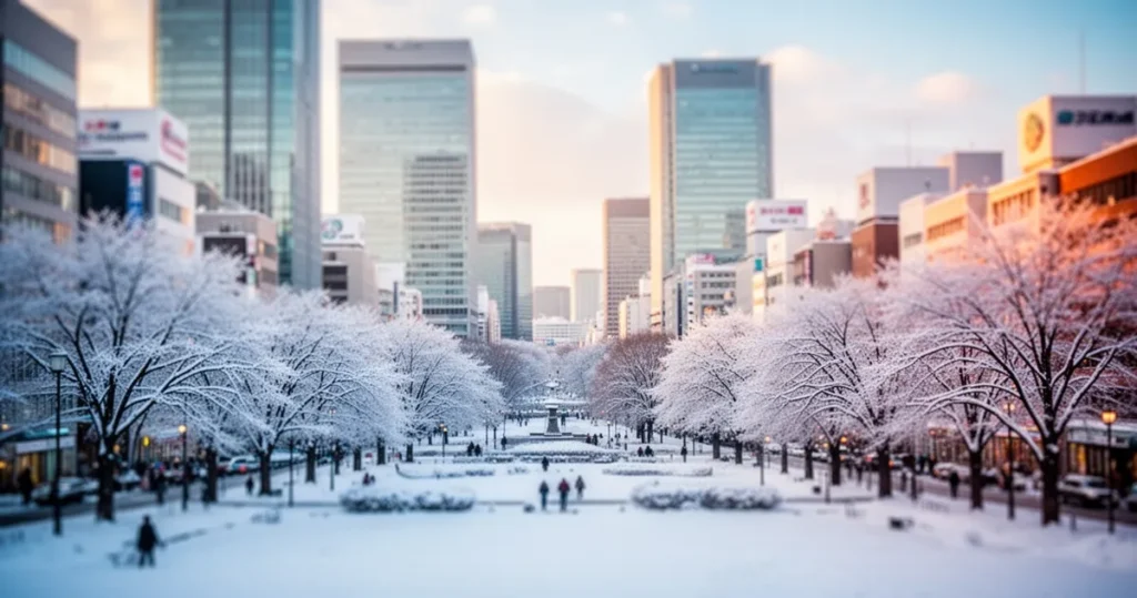 Zimowy widok na Park Odori w Sapporo z ośnieżonymi drzewami na tle nowoczesnych wieżowców w delikatnym świetle.
