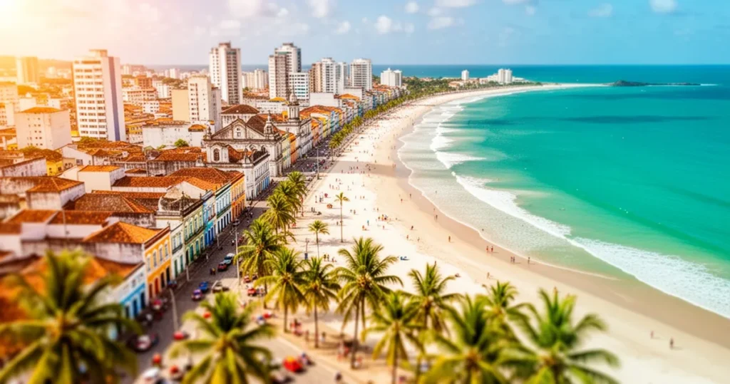 Widok z lotu ptaka na kolorowe wybrzeże Recife z turkusowym oceanem, piaszczystą plażą oraz miksem zabytkowej i nowoczesnej z