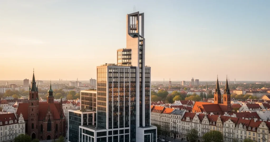 Widok na nowoczesny wieżowiec Sky Tower górujący nad historyczną zabudową Wrocławia w świetle zachodzącego słońca.