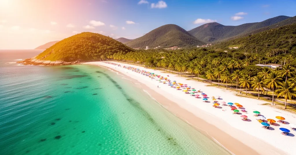 Widok z lotu ptaka na piaszczystą plażę w Florianópolis, turkusową wodę, kolorowe parasole oraz zielone wzgórza w tle.