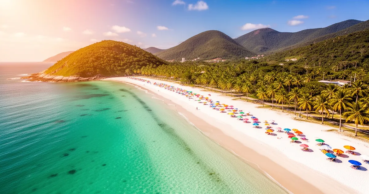 Widok z lotu ptaka na piaszczystą plażę w Florianópolis, turkusową wodę, kolorowe parasole oraz zielone wzgórza w tle.