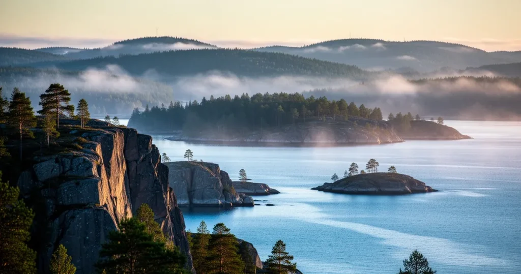 Skaliste wybrzeże i wyspy archipelagu w Szwecji na tle spokojnego Bałtyku i zamglonych wzgórz w świetle poranka.
