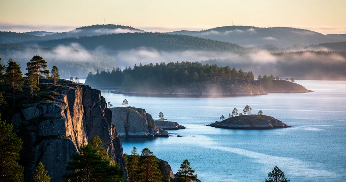 Skaliste wybrzeże i wyspy archipelagu w Szwecji na tle spokojnego Bałtyku i zamglonych wzgórz w świetle poranka.