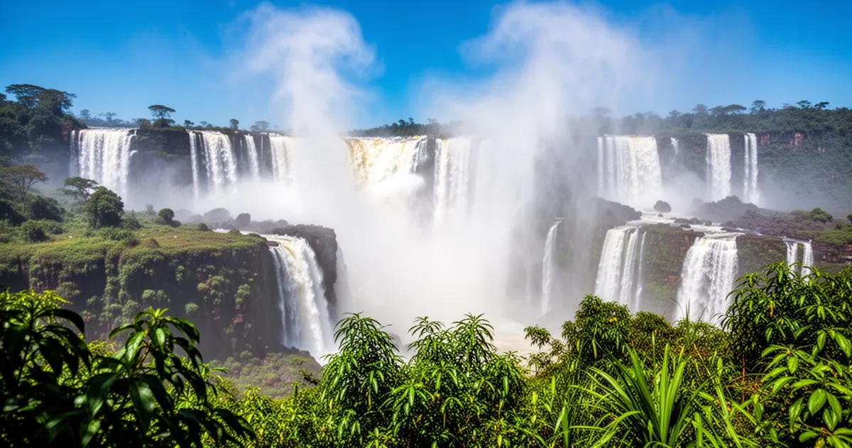 Potężne wodospady Iguazú otoczone bujną tropikalną roślinnością z unoszącą się w powietrzu mgłą pod błękitnym niebem.