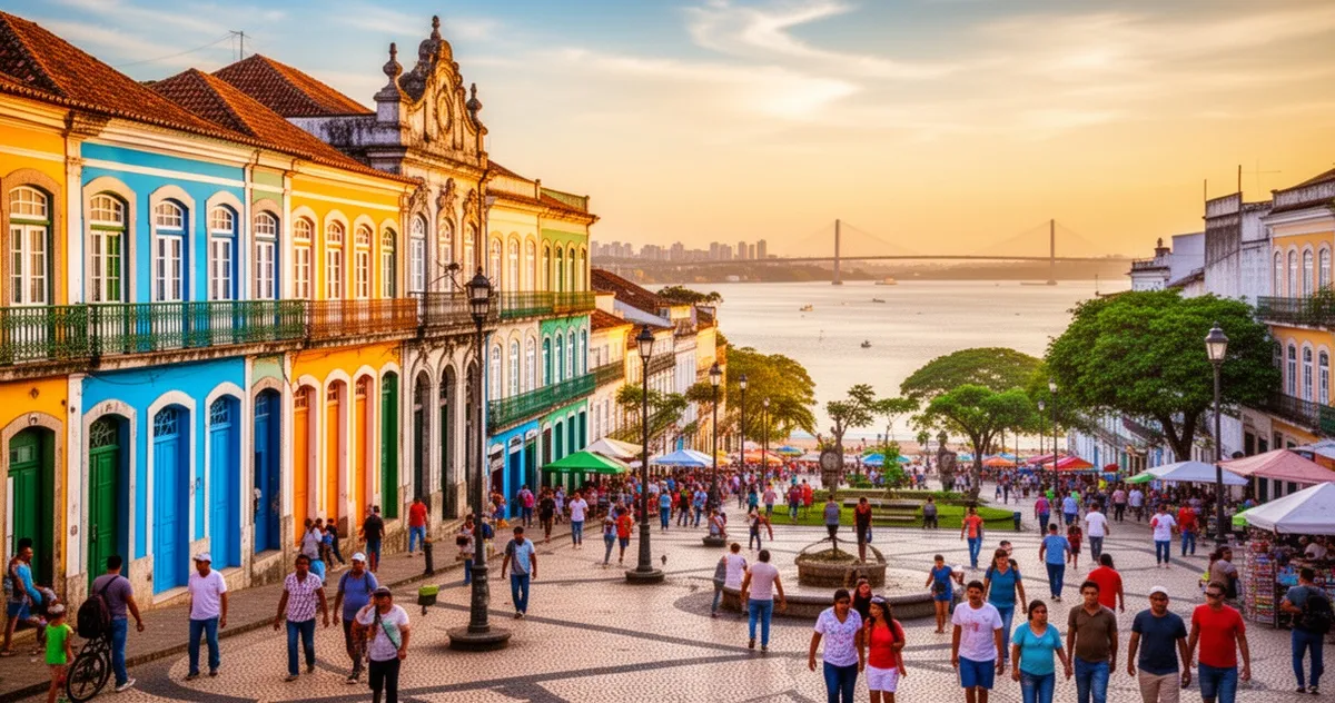 Kolorowe historyczne kamienice przy tętniącym życiem placu w Porto Alegre w świetle zachodzącego słońca, w tle rzeka Guaíba.
