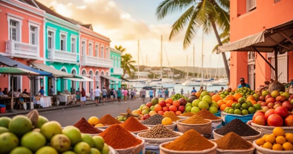 Kolorowe kolonialne kamienice i stragany z owocami oraz przyprawami na ulicy w Port Louis, w tle port z żaglówkami.