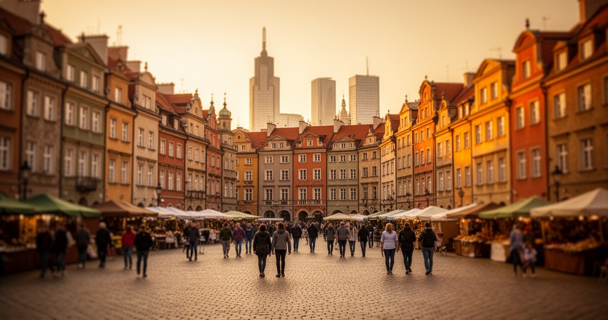 Rynek Starego Miasta w Warszawie o zachodzie słońca – kolorowe kamienice, brukowany plac, turyści i stragany targowe