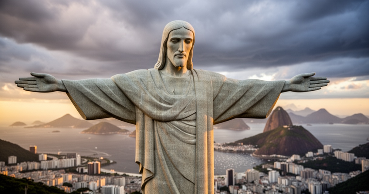 Zbliżenie na twarz i wyciągnięte ramiona posągu Chrystusa Odkupiciela na tle zachmurzonego nieba, Rio de Janeiro w oddali.