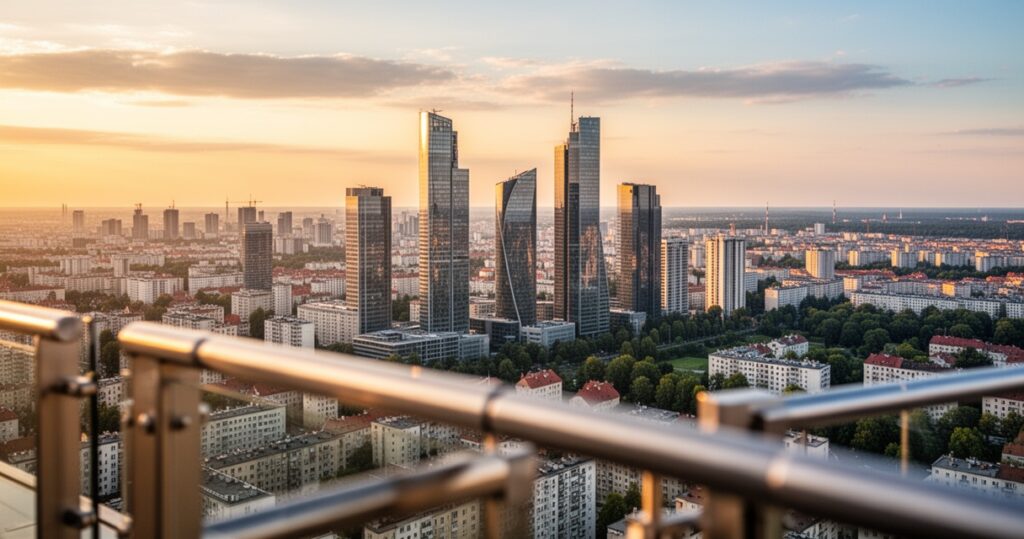 Panorama Warszawy z tarasu widokowego Varso Tower – wieżowce i panorama miasta podczas złotej godziny