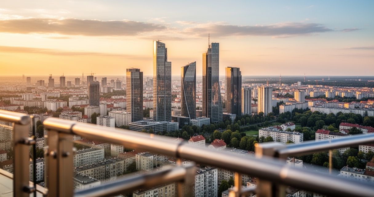 Panorama Warszawy z tarasu widokowego Varso Tower – wieżowce i panorama miasta podczas złotej godziny