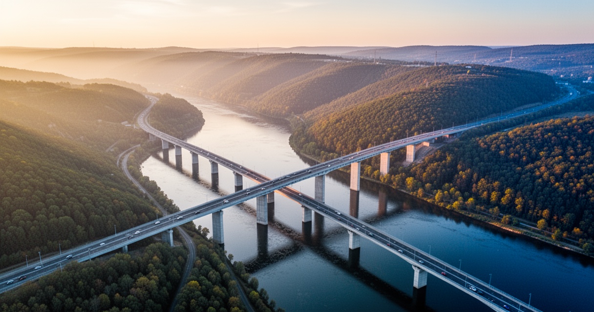 Panoramiczny widok z lotu ptaka na długi nowoczesny most nad doliną rzeki, otoczoną zalesionymi wzgórzami, złota godzina
