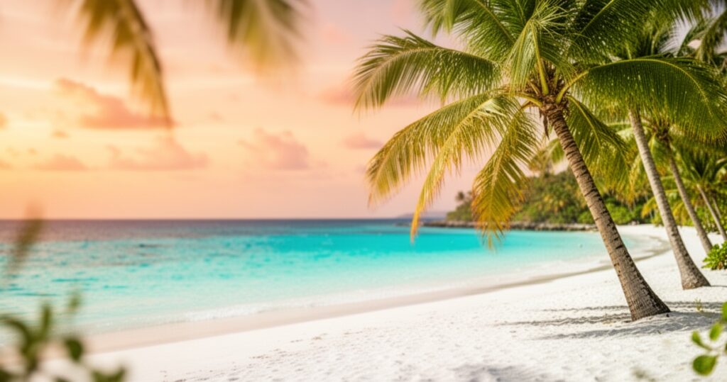 Tropikalna plaża z turkusową wodą, białym piaskiem i palmami na tle zachodzącego słońca w odcieniach brzoskwini.