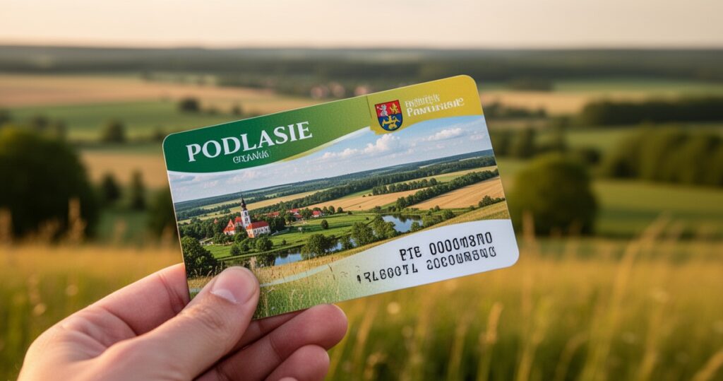 Kolorowy bon turystyczny trzymany w dłoni na tle rozmytego krajobrazu Podlasia w ciepłej, zielonej i złotej kolorystyce.