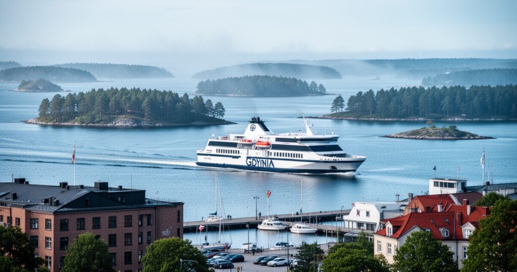 Prom odpływający z portu w Gdyni, w tle szwedzkie archipelagi i lasy sosnowe w chłodnych niebieskich i zielonych barwach.