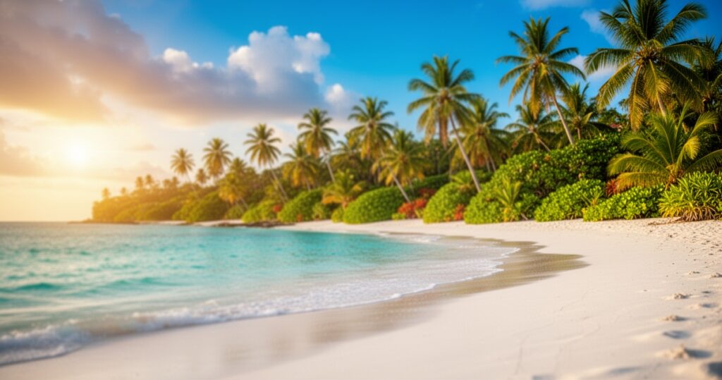Tropikalna plaża z turkusową wodą, białym piaskiem i palmami w słoneczny dzień