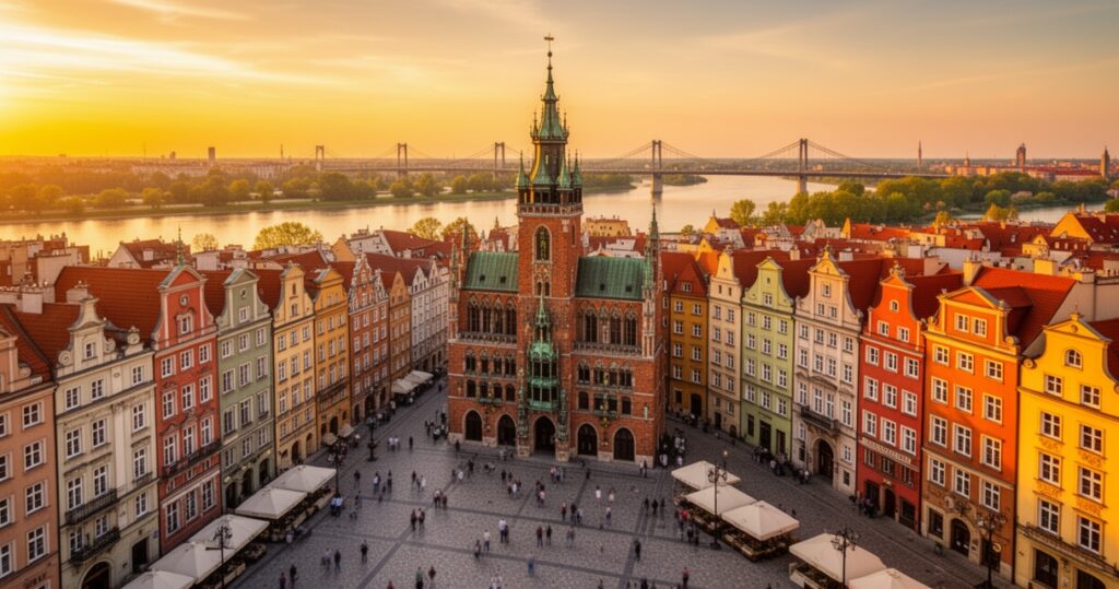 Panorama wrocławskiego Rynku o złotej godzinie z kolorowymi kamienicami i Ratuszem w centrum
