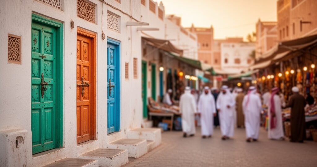Tradycyjna ułica w Omanie z białymi budynkami i kolorowymi drewnianymi drzwiami, w tle targ z mieszkańcami w strojach ludowyc