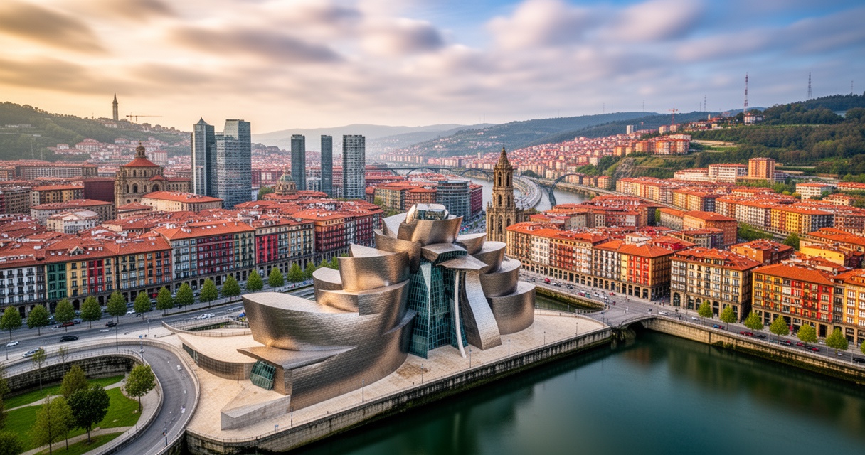 Panorama Bilbao z lotu ptaka z Muzeum Guggenheima na pierwszym planie, nowoczesna architektura obok historycznej zabudowy