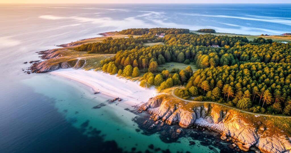 Duńska wyspa na Bałtyku z białymi plażami, skalistymi klifami i zielonymi lasami w złotej godzinie.