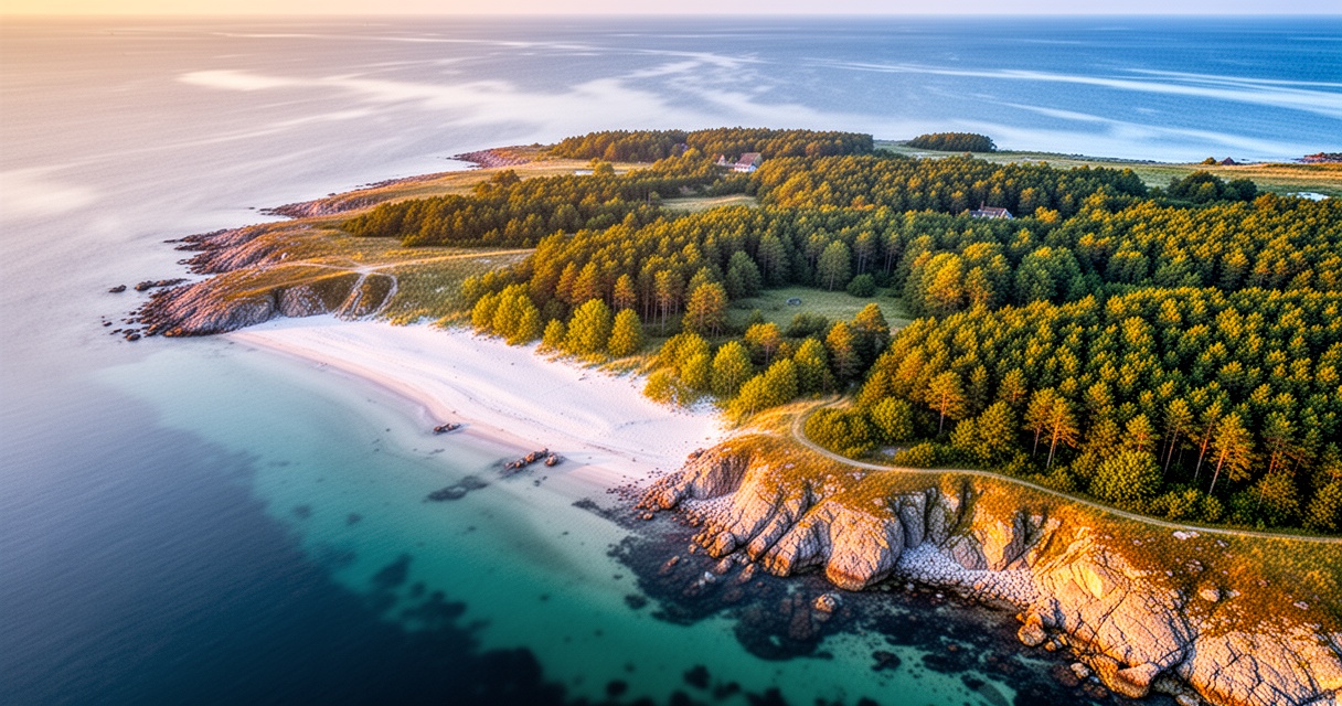 Duńska wyspa na Bałtyku z białymi plażami, skalistymi klifami i zielonymi lasami w złotej godzinie.