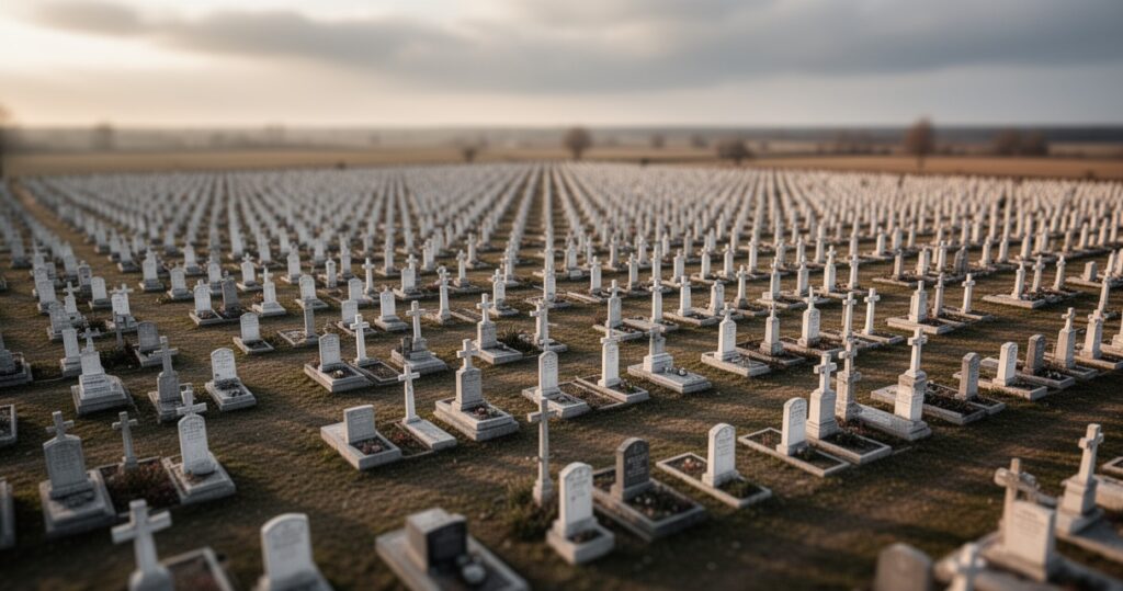 Rozległy cmentarz z tysiącami białych nagrobków i krzyży ustawionych w równych rzędach, oświetlonych złotym światłem słońca.