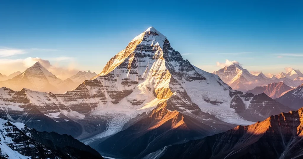 Ośnieżony szczyt Mount Everest wznoszący się na tle błękitnego nieba, otoczony pasmem Himalajów w złotej godzinie
