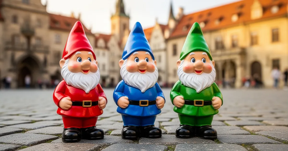Kolorowe figurki krasnali w czerwonych, niebieskich i zielonych strojach stojące na brukowanej ulicy Wrocławia