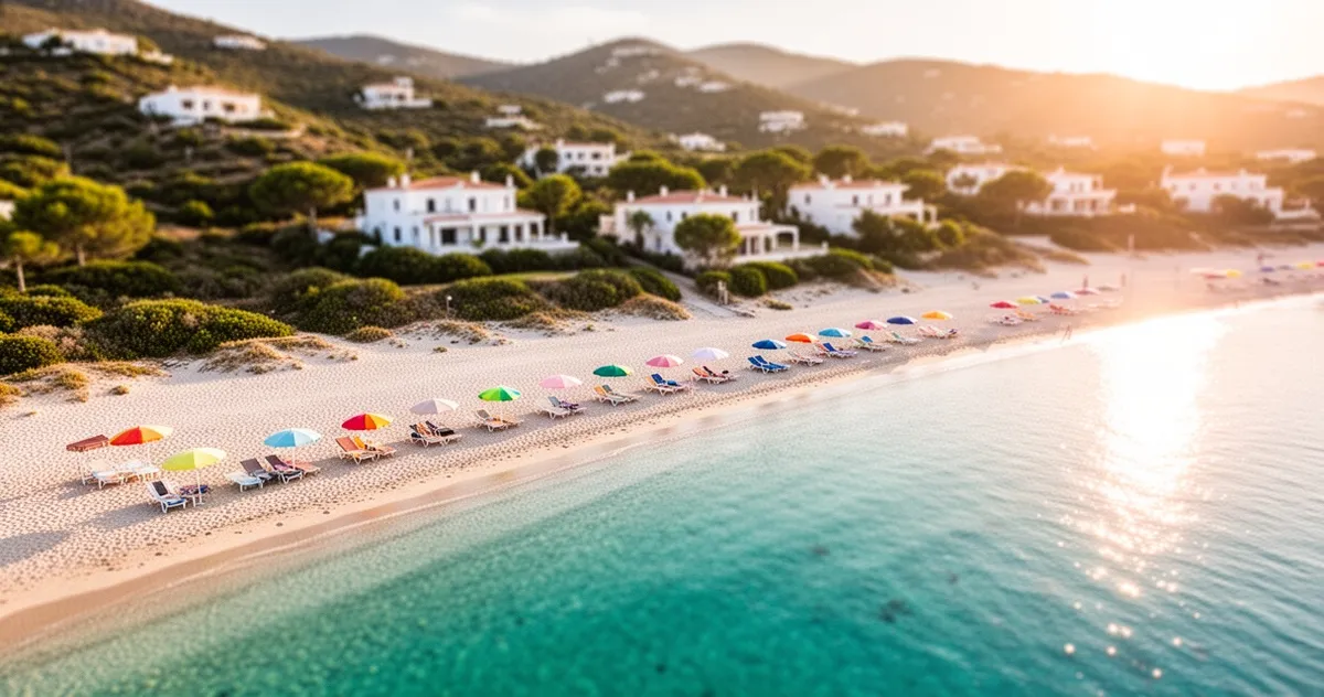Piaszczysta plaża Costa del Sol z turkusową wodą, leżakami i kolorowymi parasolami w złotym świetle słońca