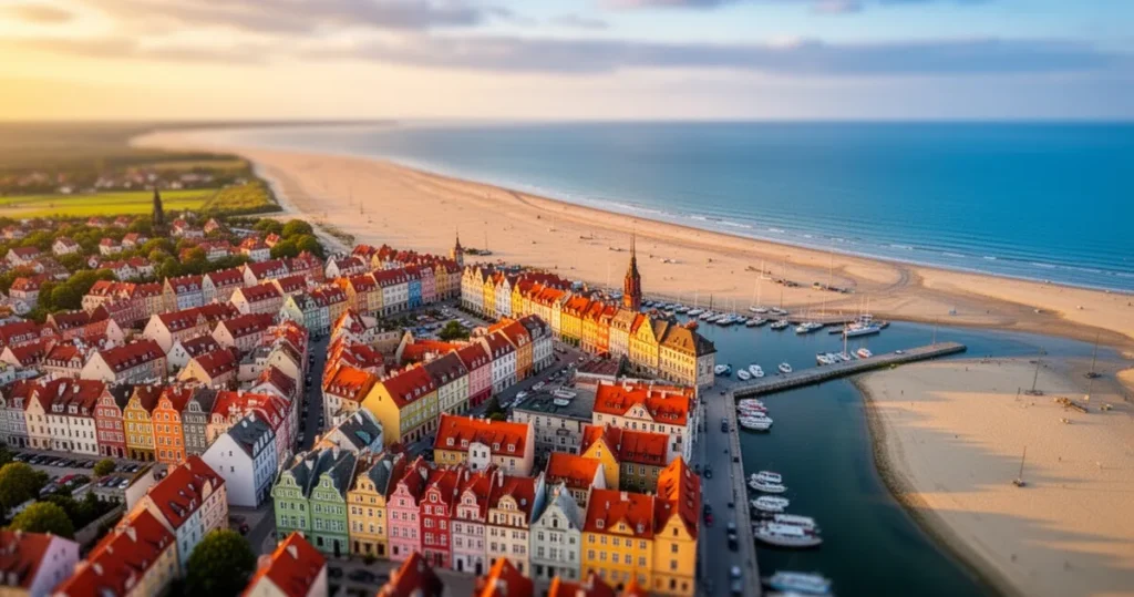Kolorowe budynki i port polskiego miasta nadmorskiego z lotu ptaka, piaszczyste plaże o zachodzie słońca