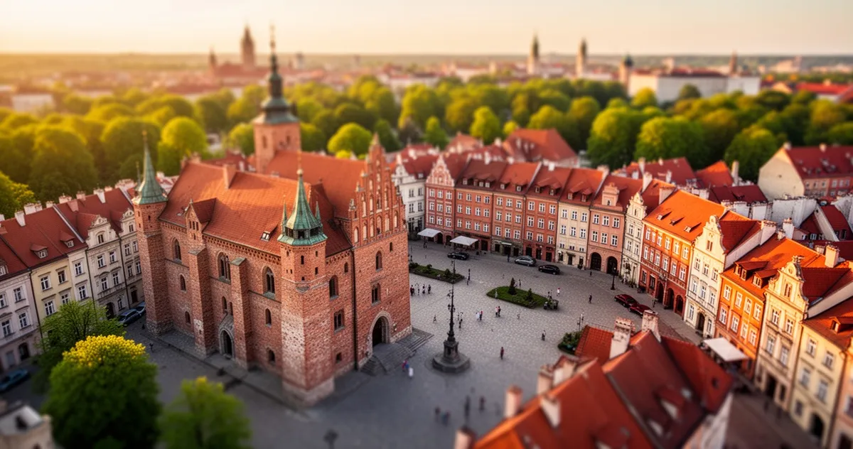 Widok z lotu ptaka na Plac Zamkowy w Lublinie z zamkiem w centrum, otoczony renesansową architekturą i czerwonymi kamienicami