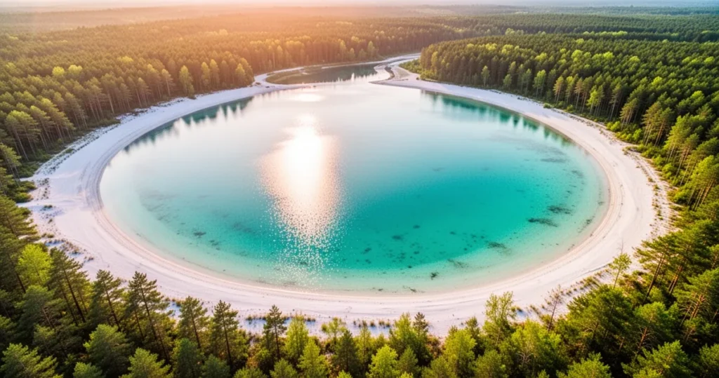 Lazurowe jezioro z turkusową wodą otoczone białymi piaszczystymi plażami i zielonymi lasami, widok z góry