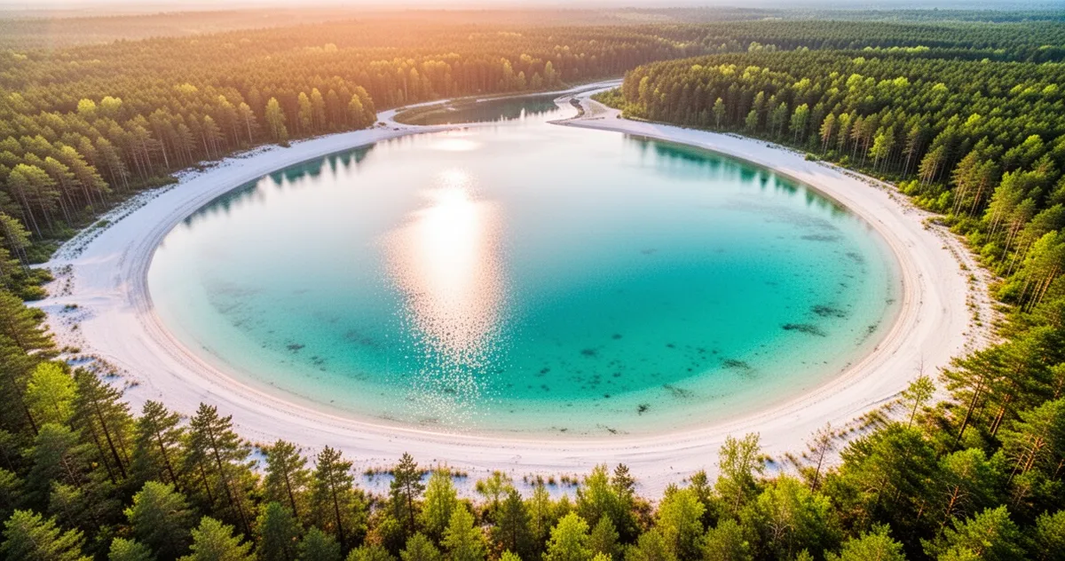 Lazurowe jezioro z turkusową wodą otoczone białymi piaszczystymi plażami i zielonymi lasami, widok z góry