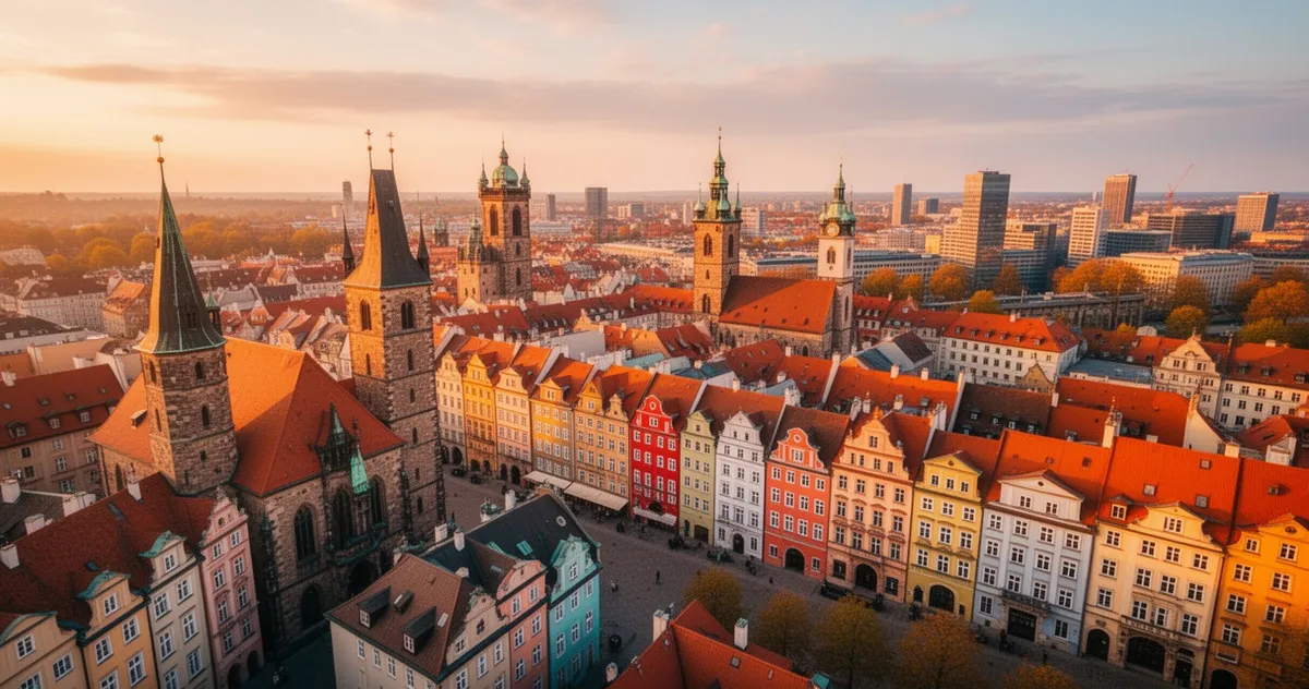 Widok z powietrza na historyczne centrum europejskiego miasta z kolorowymi budynkami i zabytkami w złotym świetle zachodu sło